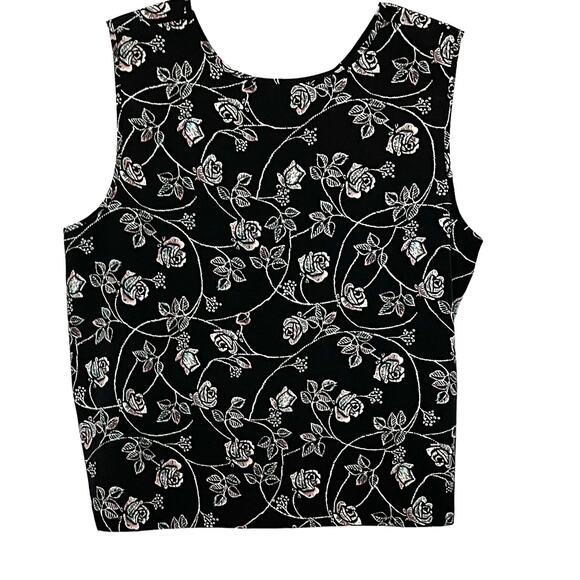 MAGGIE BARNES ROUND NECK SLEEVELESS BLOUSE, WOMENS, 28W-BLACK W/PINK BLUE FLORAL - Picture 4 of 9